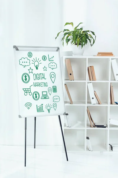 Whiteboard Digital Marketing Symbols Wooden Shelves Folders Office — Stock Photo, Image