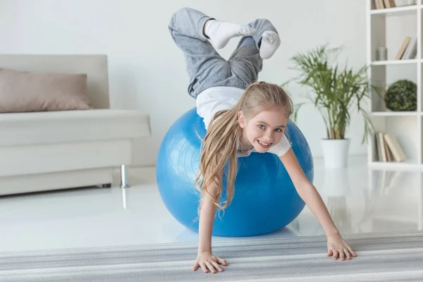 Adorable Little Child Playing Fit Ball Home — Stock Photo, Image