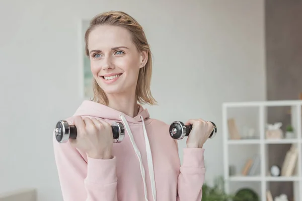 Attractive Smiling Woman Working Out Dumbbells Home — Stock Photo, Image