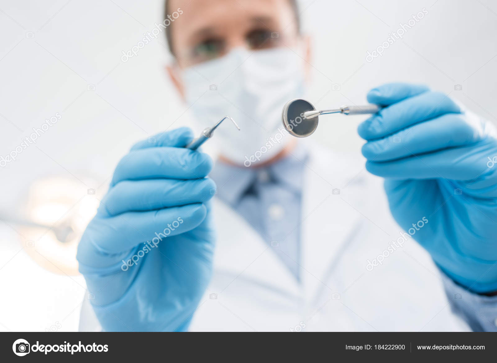 Doctor Checking Patient Teeth Mirror Modern Dental Clinic Stock Photo