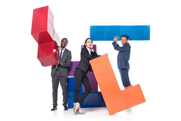 Multiethnic Business People Colorful Blocks Isolated White — Stock Photo, Image