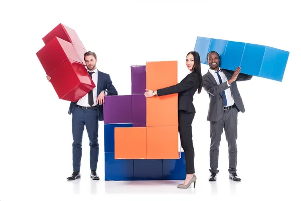 Multiethnic Business People Colorful Blocks Isolated White Business Cooperation Concept — Stock Photo, Image