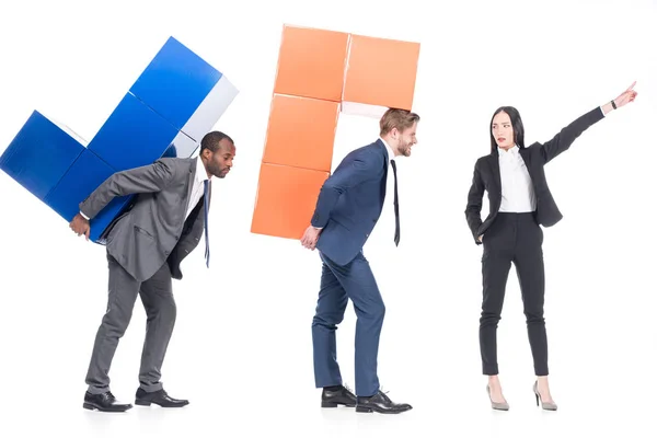 Asian Businesswoman Leading Multiethnic Colleagues Colorful Blocks Isolated White Leadership — Stock Photo, Image