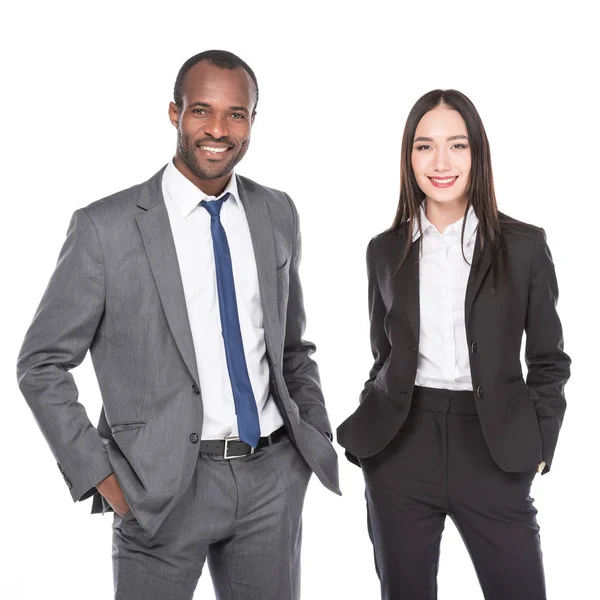 Retrato Gente Negocios Multiétnicos Sonrientes Trajes Aislados Blanco — Foto de Stock