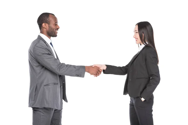 Side View Multicultural Business People Shaking Hands Isolated White — Stock Photo, Image