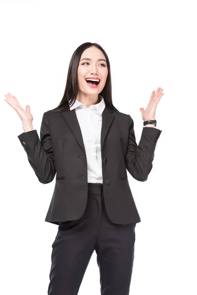 Portrait Excited Asian Businesswoman Suit Isolated White — Free Stock Photo
