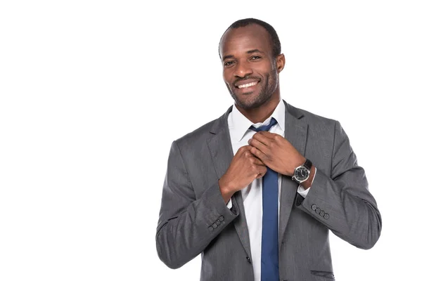 Portrait Cheerful African American Businessman Tying Bow Tie Isolated White — Stock Photo, Image