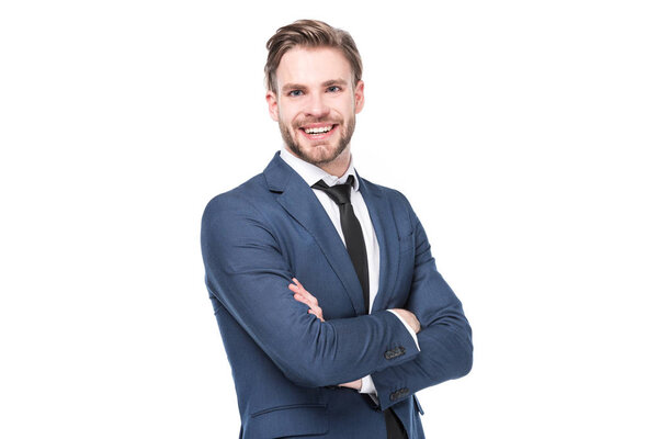 portrait of smiling caucasian businessman with arms crossed isolated on white