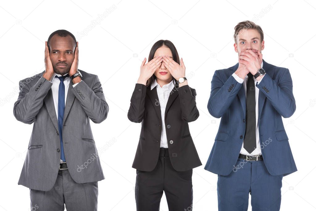 portrait of multicultural young business people covering parts of faces isolated on white