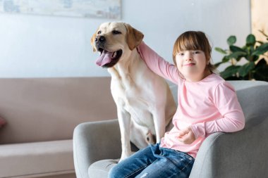 Kid with down syndrome stroking Labrador retriever dog sitting in chair clipart