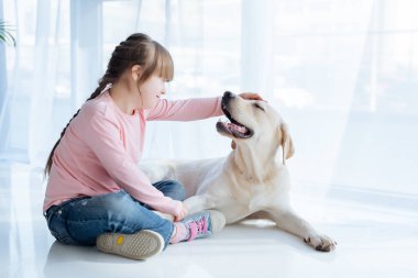 Labrador retriever başını okşayarak down sendromlu küçük kız