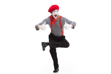 funny mime performing on one leg and showing thumbs up isolated on white clipart