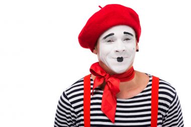 mutlu MIME beyaz izole kamera bakıyor