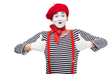 happy mime showing thumbs up isolated on white clipart