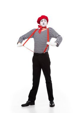 grimacing mime with red suspenders isolated on white