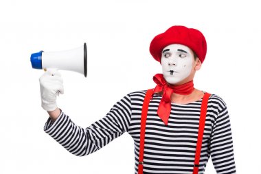 scared mime looking at megaphone isolated on white clipart