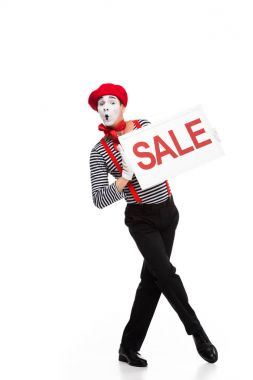 grimacing mime holding sale signboard isolated on white clipart