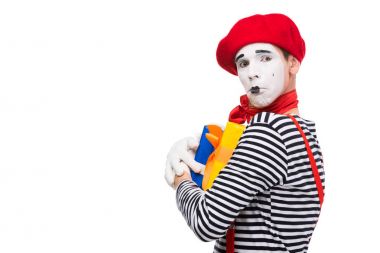 upset mime holding gift boxes isolated on white clipart