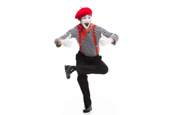 Funny Mime Performing One Leg Showing Thumbs Isolated White — Stock Photo, Image