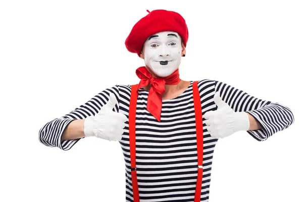 Gelukkig Mime Tonen Duimschroef Opwaarts Geïsoleerd Wit — Stockfoto