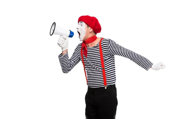 Mime Schreeuwen Megafoon Geïsoleerd Wit — Stockfoto