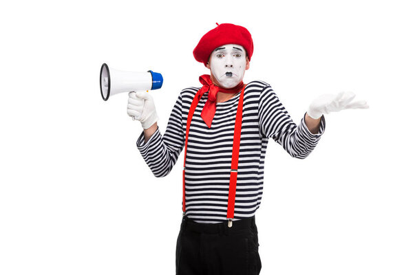 confused mime holding loudspeaker and showing shrug gesture isolated on white
