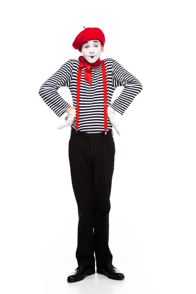 Funny Mime Standing Hands Akimbo Isolated White — Stock Photo, Image