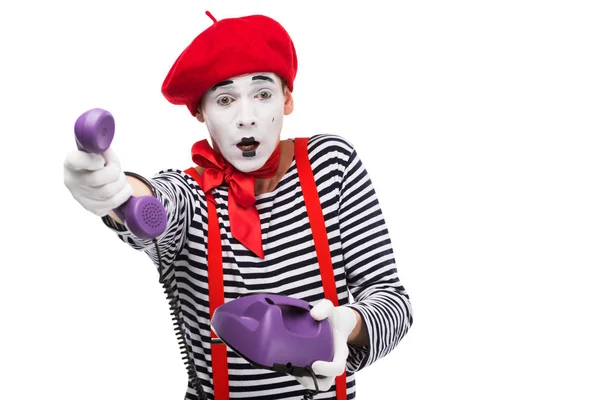 Shocked Mime Giving Ultra Violet Retro Stationary Telephone Isolated White — Stock Photo, Image