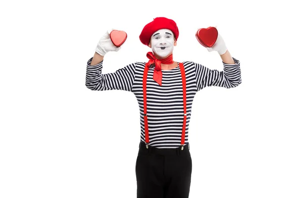 Smiling Mime Holding Heart Shaped Gift Boxes Isolated White Valentines — Stock Photo, Image