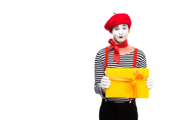 Grimacing Mime Showing Gift Box Isolated White — Stock Photo, Image