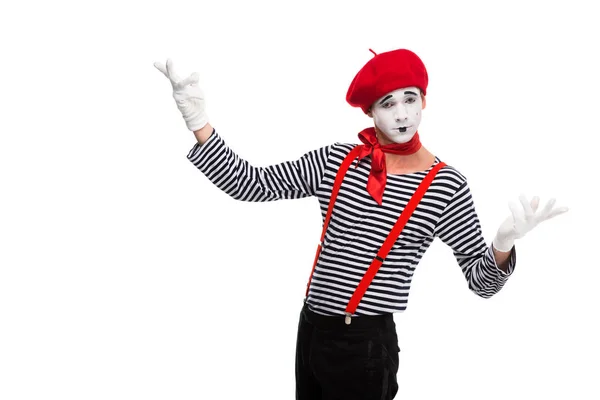 Mime Open Arms Looking Camera Isolated White — Stock Photo, Image
