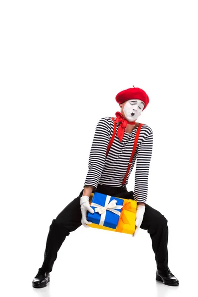 Mime Håller Tunga Presentaskar Isolerad Vit — Stockfoto