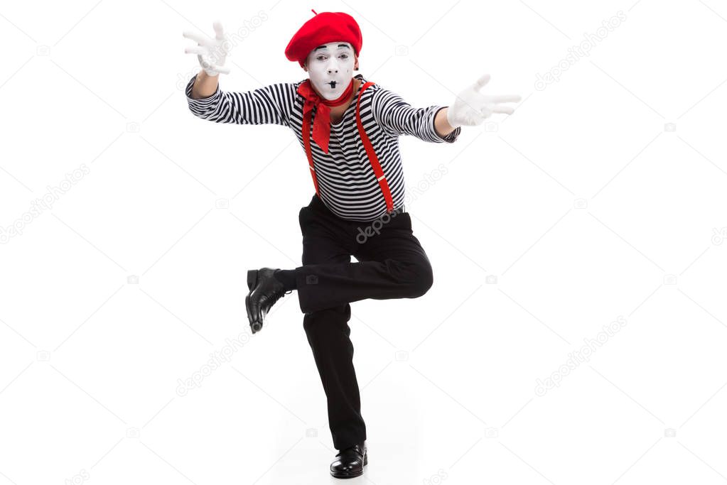 funny mime performing and gesturing isolated on white