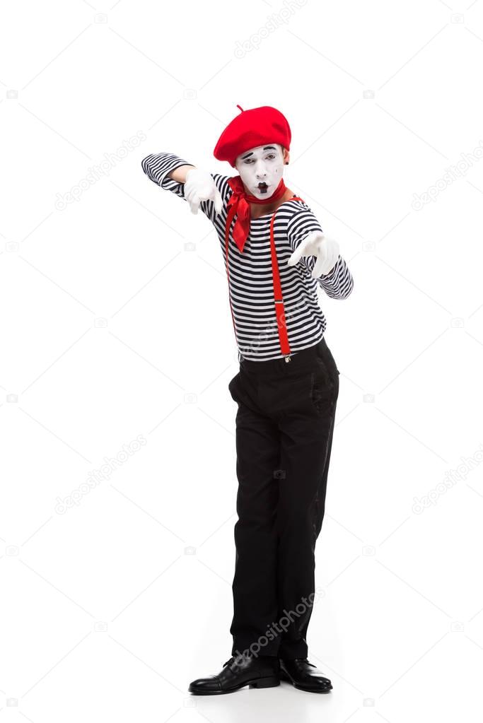 mime pointing on camera isolated on white