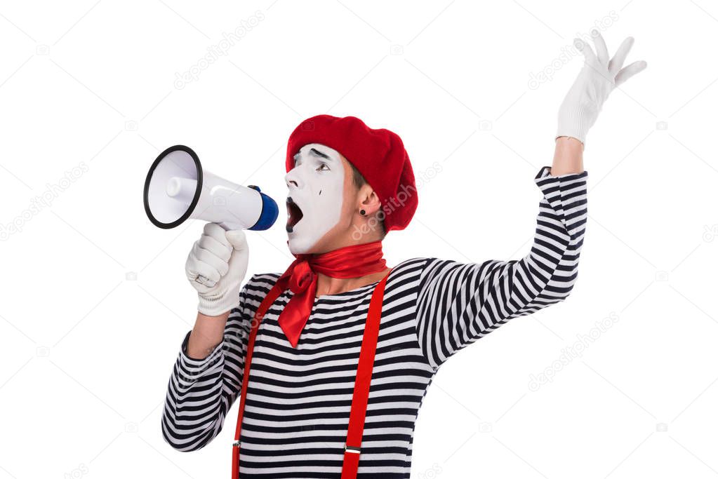 mime speaking in megaphone and gesturing isolated on white