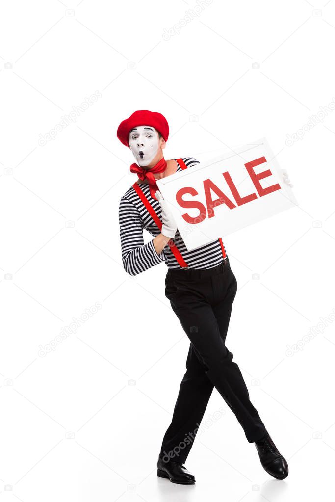 grimacing mime holding sale signboard isolated on white