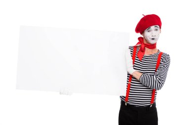 grimacing mime holding empty board isolated on white clipart