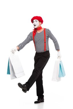 MIME alışveriş torbaları üzerinde beyaz izole ile yürüme
