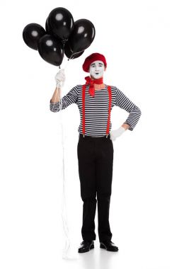 neşeli MIME beyaz izole helyum ile siyah balon demeti holding