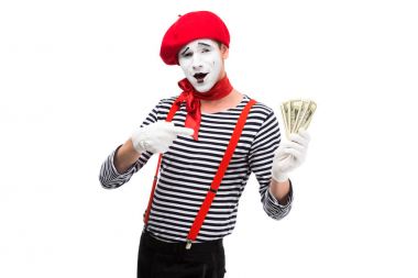 grimacing mime pointing on money isolated on white clipart