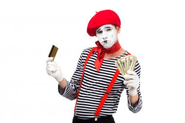 üzgün MIME kredi kartı ve nakit beyaz izole holding