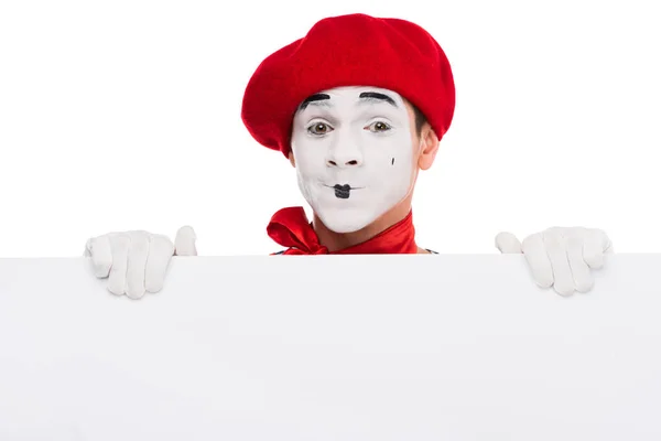 Happy Mime Holding Blank Placard Isolated White — Free Stock Photo