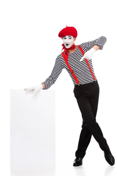 Vrolijke Mime Wijzen Leeg Bord Geïsoleerd Wit — Stockfoto