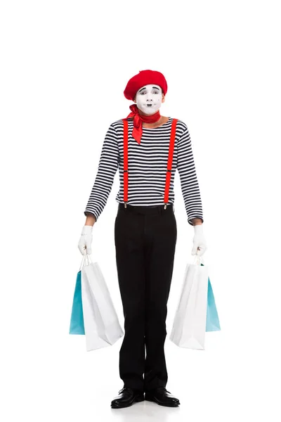 Mime Stående Med Shoppingkassar Isolerad Vit — Stockfoto