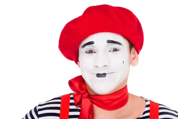 Retrato Mímica Sorridente Olhando Para Câmera Isolada Branco — Fotografia de Stock