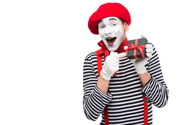 Laughing Mime Pointing Present Box Isolated White — Stock Photo, Image