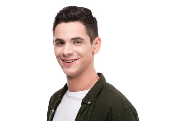 Sorrindo Homem Olhando Para Câmera Isolada Branco — Fotografia de Stock