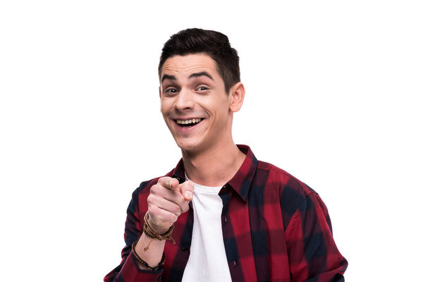 happy man pointing on camera isolated on white