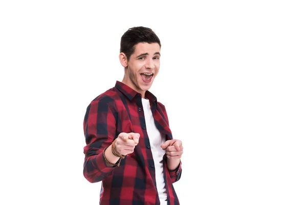 Hombre Feliz Gritando Apuntando Cámara Aislado Blanco — Foto de Stock