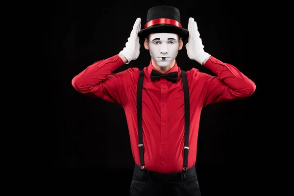 Mime Covering Ears Hands Isolated Black — Stock Photo, Image